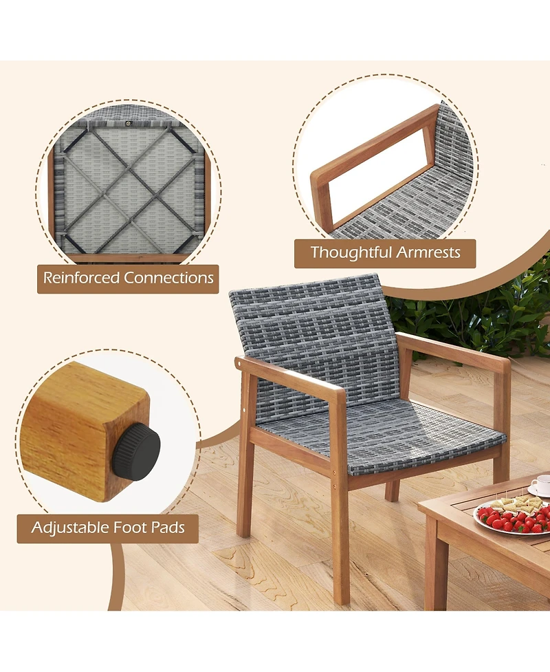 Gymax 4 Pieces Outdoor Furniture Set Acacia Wood Frame Sofa Set w/ Rattan Seat