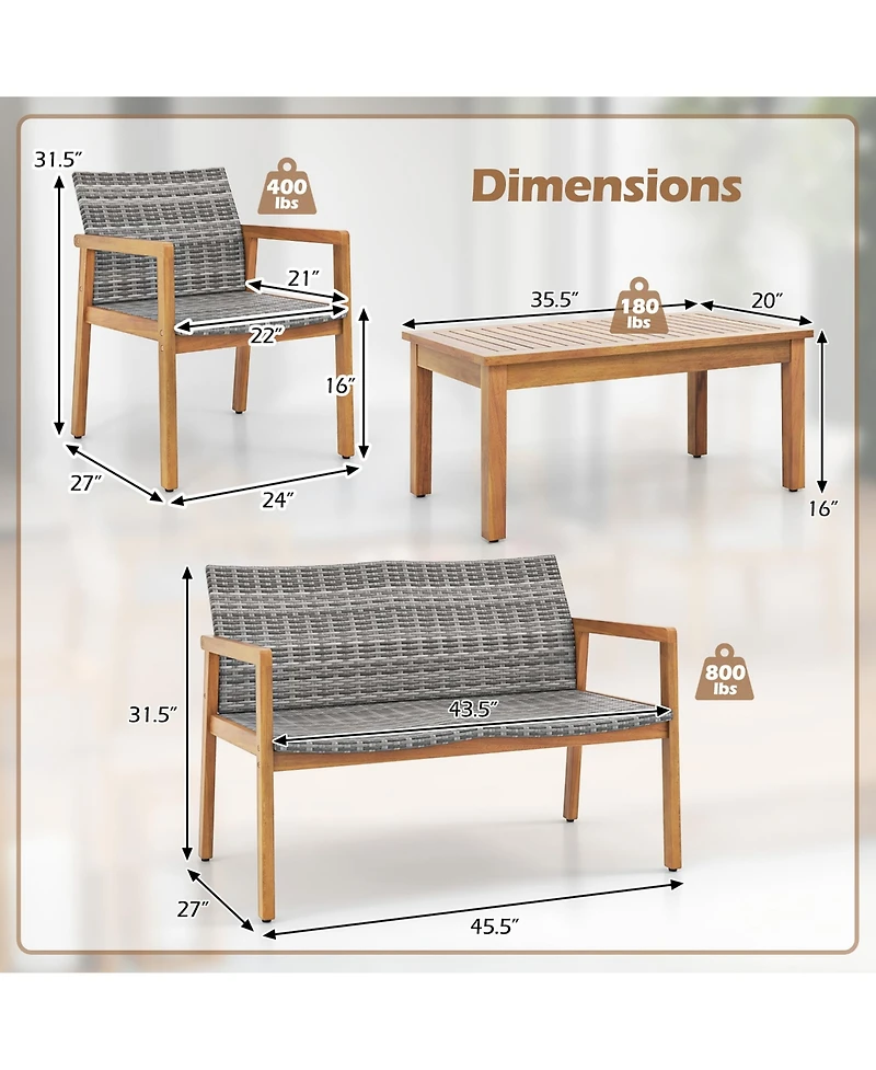 Gymax 4 Pieces Outdoor Furniture Set Acacia Wood Frame Sofa Set w/ Rattan Seat