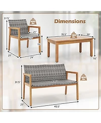 Gymax 4 Pieces Outdoor Furniture Set Acacia Wood Frame Sofa Set w/ Rattan Seat