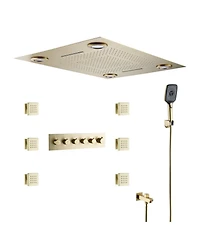 5-Function Luxury Thermostatic Shower System with Body Jets, Led Lights, Rainfall Head, and Handheld Spray, Brushed Gold