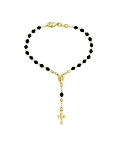 Bling Jewelry Christian Rosary-Bead Bracelet Black Beads Virgin Mary Crucifix 18K Gold 7-7.5 Inch