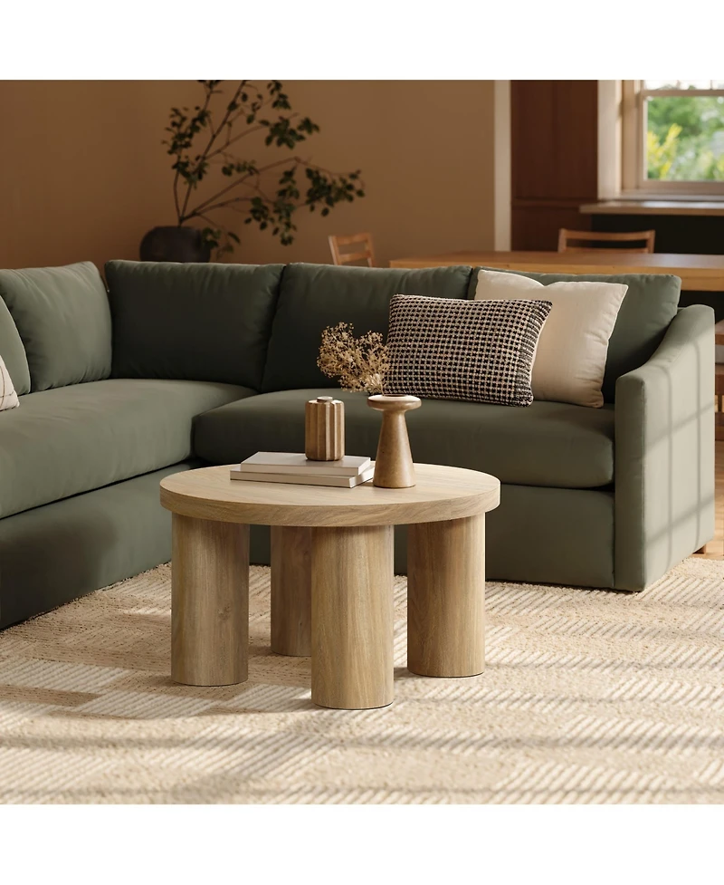 LuxenHome Oak Finish Manufactured Wood Round Coffee Table with 4 Pillar Legs