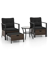 Gymax Set of 5 Furniture Rattan Chairs & Ottomans w/ Glass Topped Coffee Table Patio