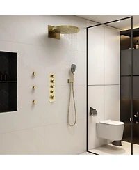 3-Function Wall Mounted 16" Thermostatic Shower System with Body Jets, 2-Mode Rainfall Showerhead, 3-Spray Handheld, Brushed Gold