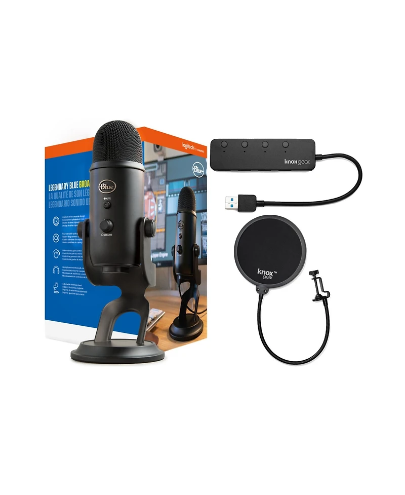 Blue Yeti Microphone (Blackout) with Knox Gear Pop Filter and 3.0 4 Port Usb Hub
