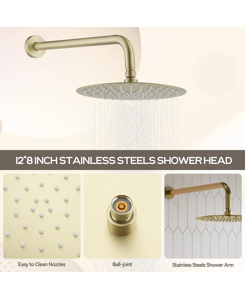 10-Inch Rainfall Shower System with Body Jets, Handheld & Side Spray, Adjustable Lift Rod All-Brass High-Pressure Faucet Set, Brush