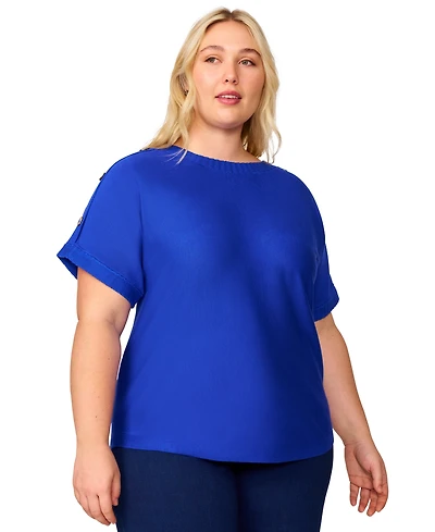 Melissa Paige Plus Zigzag-Trim Button-Shoulder Sweater, Exclusively at Macy's