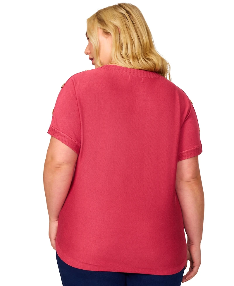 Melissa Paige Plus Zigzag-Trim Button-Shoulder Sweater, Exclusively at Macy's