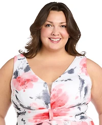 R & M Richards Plus Size Printed Ruched-Waist Pleated Dress