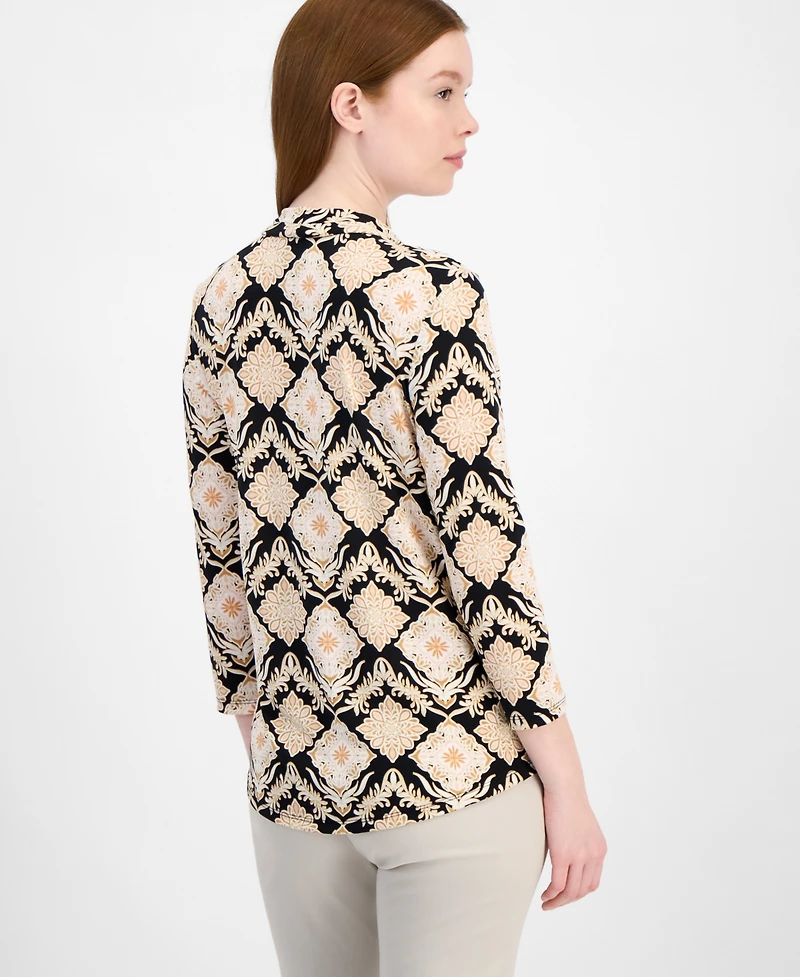 Jm Collection Women's Printed 3/4 Sleeve V-Neck Knit Top