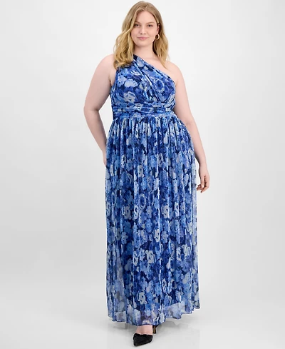 B Darlin Trendy Plus Size Printed One-Shoulder Gown