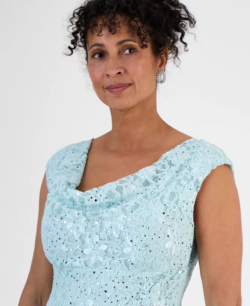 Connected Sequined Lace Cowl-Neck Gown