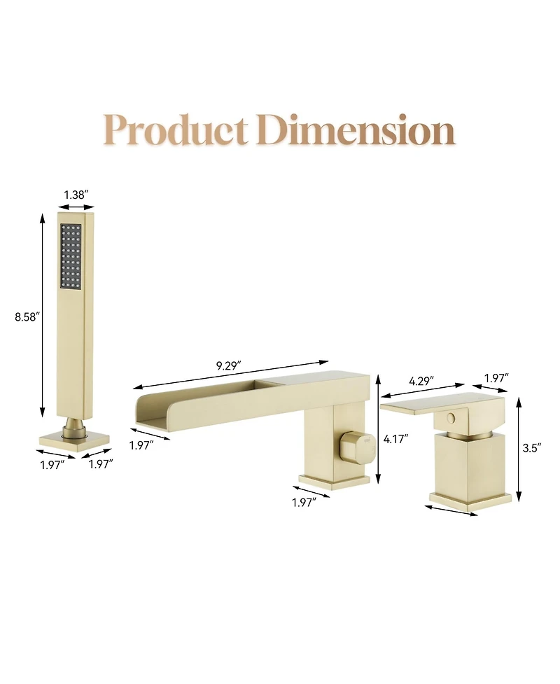 Waterfall Roman Tub Faucet with Hand Shower,Deck Mount Black Bathtub Faucets Brass Filler Bathroom Shower, Brushed Gold