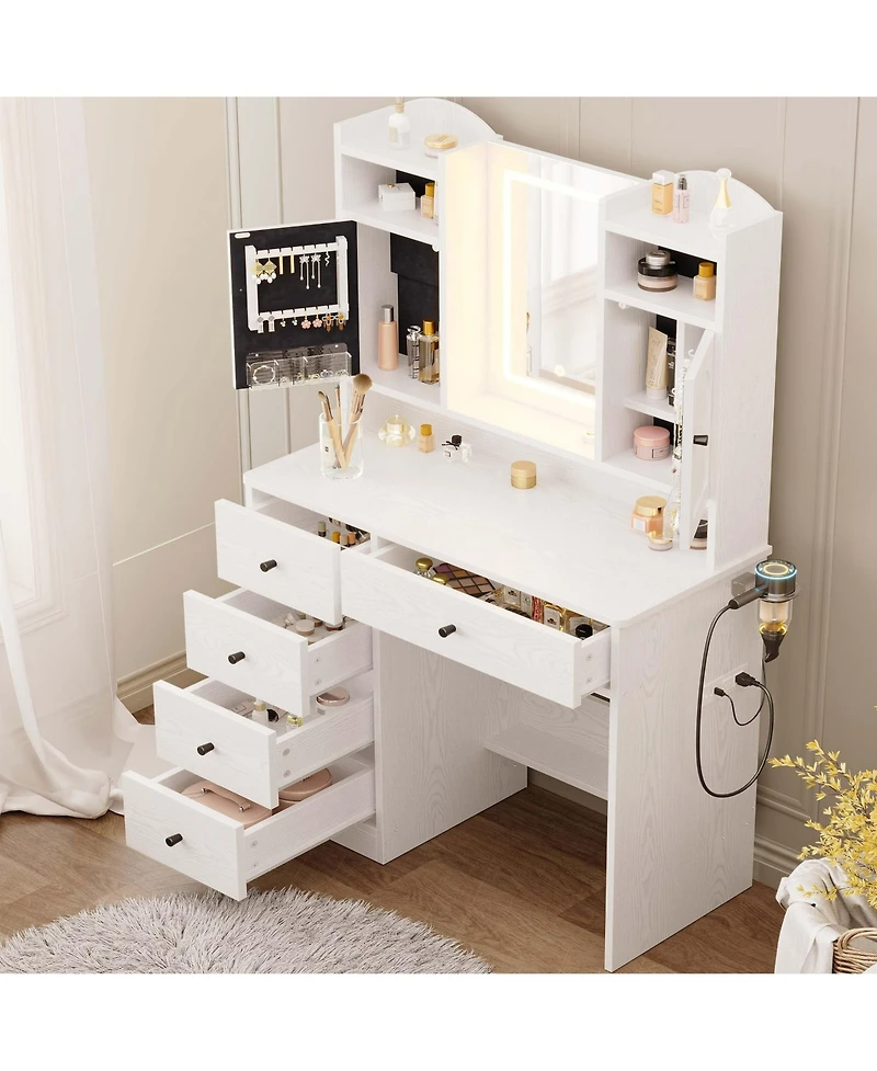 White Vanity Set with Mirror and Lights , Makeup Vanity Desk with Jewelry Armoire & Charging Station & 5 Drawers
