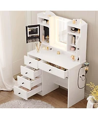 White Vanity Set with Mirror and Lights , Makeup Vanity Desk with Jewelry Armoire & Charging Station & 5 Drawers