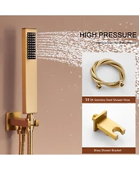 Brushed Gold Wall Mount Thermostatic Rain Shower System with Handheld Shower Shower System with Side Body Jets and Digital Display