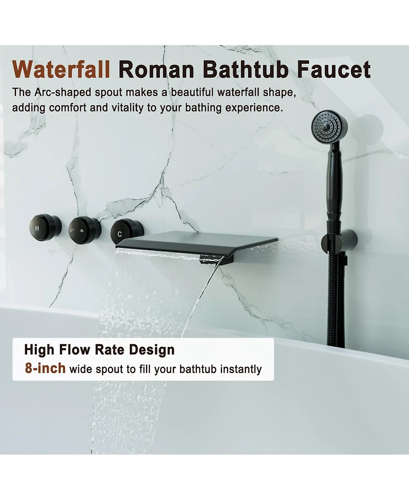 Matte Black Wall Mounted Bathtub Faucet with Handheld Shower Head Brass Wall Mounted Tub Waterfall Spout Bathtub Shower Faucet