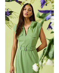 Donna Morgan Women's Belted Split-Neck Midi Dress