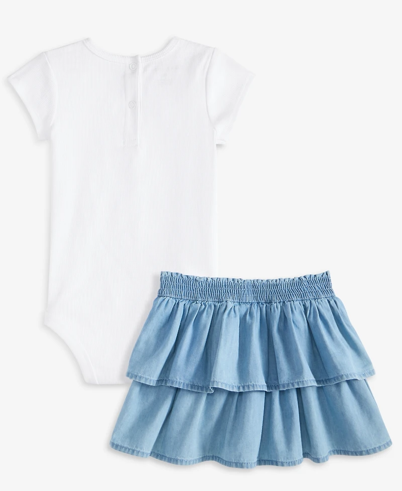 Calvin Klein Baby Girls Ribbed Logo Bodysuit & Denim Skirt, 2 Piece Set