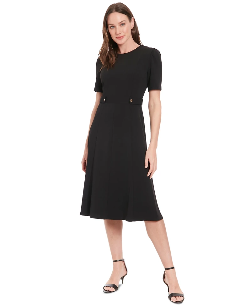 London Times Women's Puff-Sleeve Tab-Detail Fit & Flare Dress