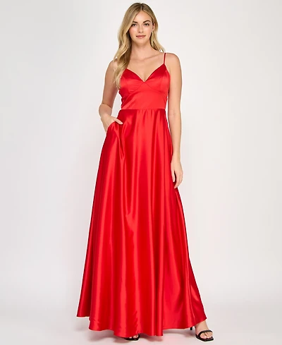 Crystal Doll Juniors' Sherri Satin Tie-Back Gown