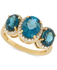 London Blue Topaz (4 ct. t.w.) & Diamond (1/4 ct. t.w.) Oval Trio Halo Ring in 10k Gold