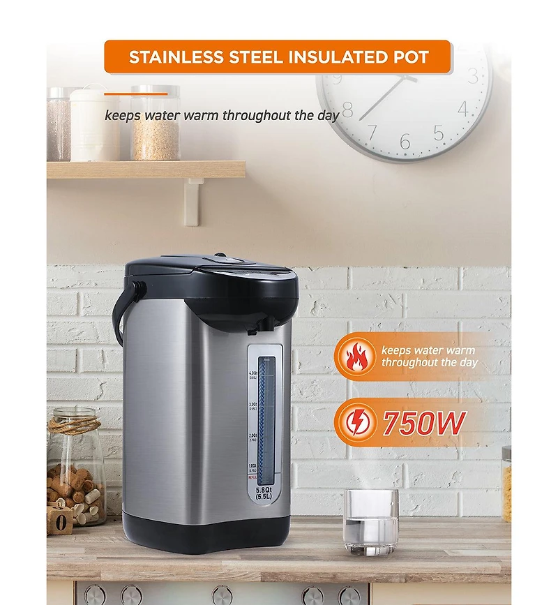 Commercial Chef Electric Hot Water Dispenser, 750W Stainless Steel Water Boiler with 5.8 Qt. Capacity, 360-Degree Base, 3 Dispensing Modes, Chlorine R