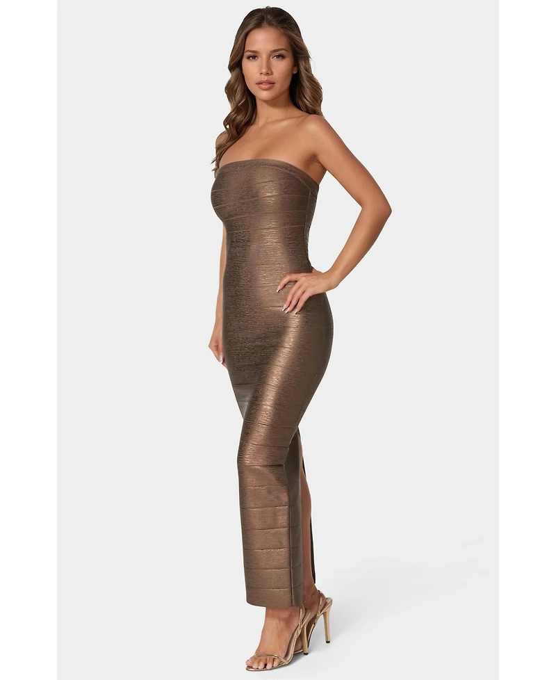 Bebe Women's Long Strapless Bandage Foil Dress