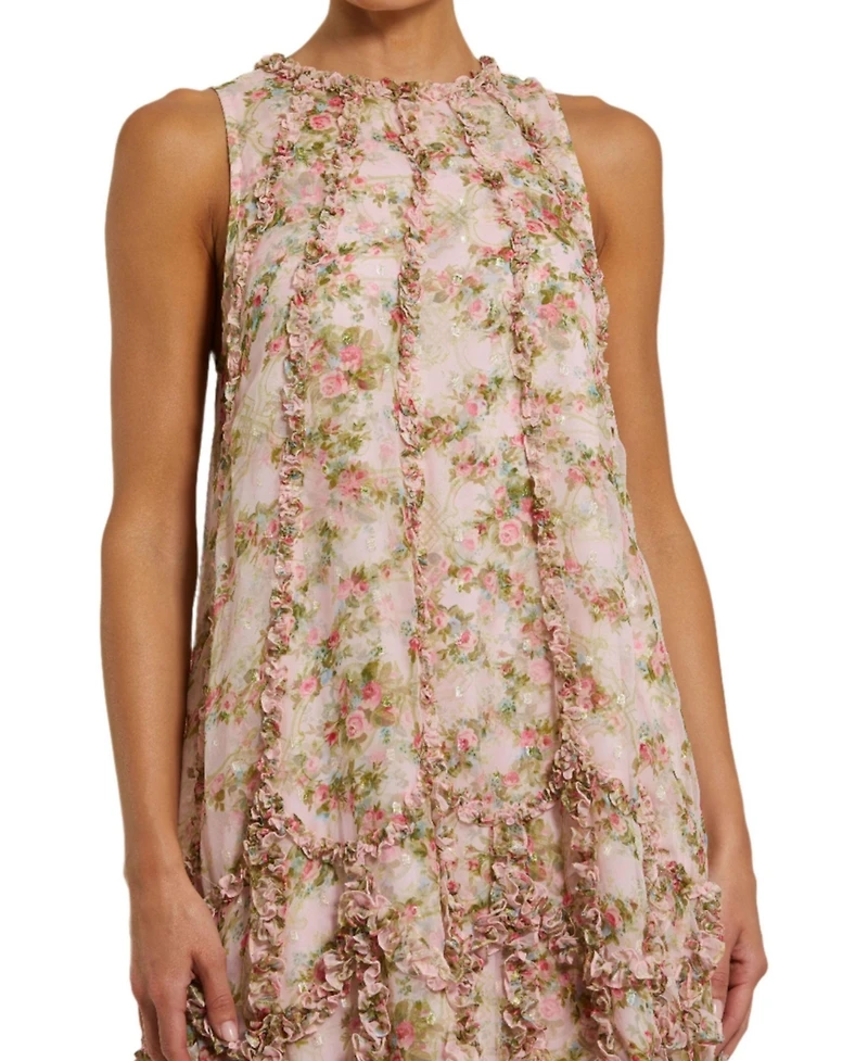 Mac Duggal Women's Sleeveless Floral Print Chiffon Micro Ruffle Gown