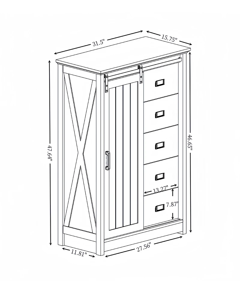 5 Drawers Dresser w/Sliding Barn Door, Farmhouse Modern Tall Chest of