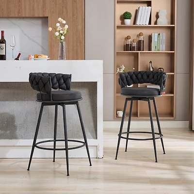 Dyhome 28 inch Bar Stools Set of 2, Modern Counter Height Stools, 360° Swivel Suede Fabric Stool Chairs with Woven Back and Footrest for Kitc
