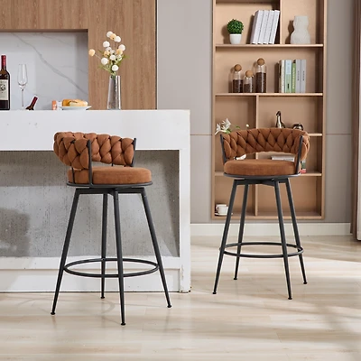 Dyhome 28 inch Bar Stools Set of 2, Modern Counter Height Bar Stools, 360° Swivel Suede Fabric Stool Chairs with Woven Back and Footrest
