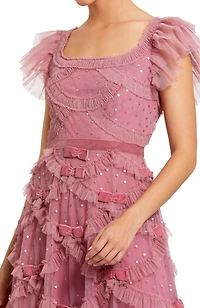 Mac Duggal Women's Dot Net Sequin Ruffle Sweetheart Neck Midi Dress