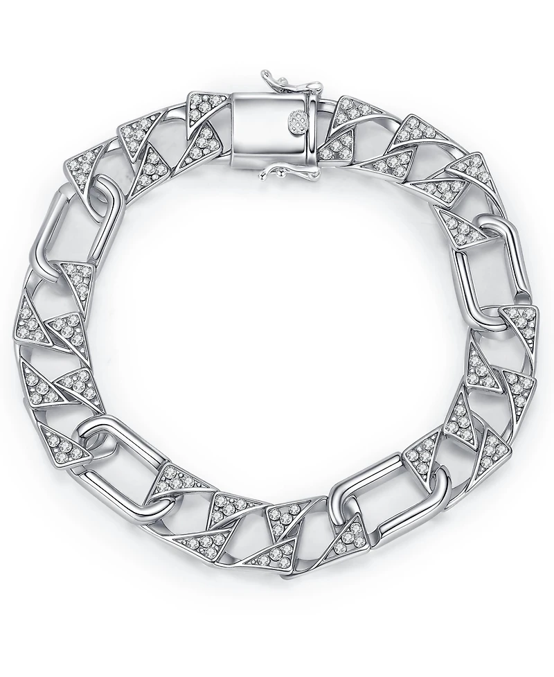Men's Sterling Silver White Gold Plated with Iced Out Cubic Zirconia Mixed Cuban Chain Bracelet