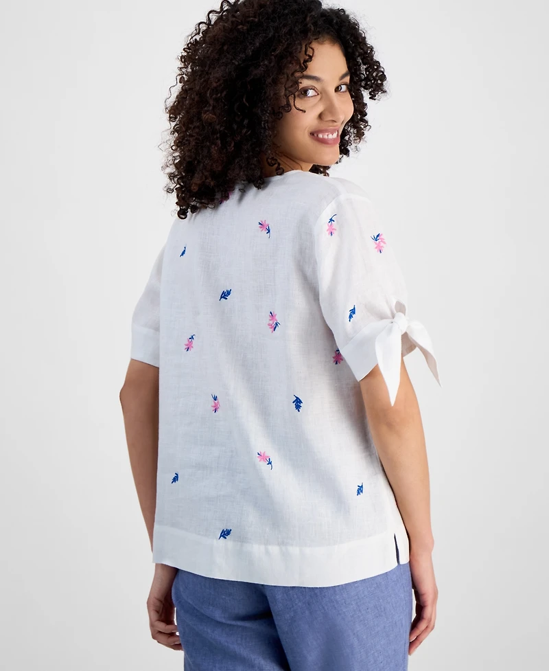 Charter Club Women's 100% Linen Floral-Embroidered Linen Tie-Sleeve Top, Exclusively at Macy's