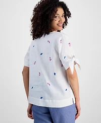 Charter Club Women's 100% Linen Floral-Embroidered Linen Tie-Sleeve Top, Exclusively at Macy's