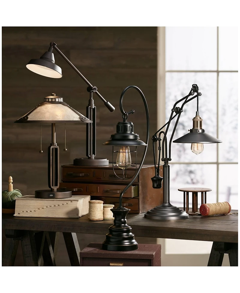 Franklin Iron Works Samuel Industrial Desk Lamp 20" High Rubbed Bronze with Usb Charging Port Natural Mica Shade for Bedroom Living Room Bedside