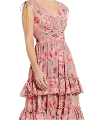 Mac Duggal Women's Drawstring Shoulder Floral Chiffon Tiered Gown