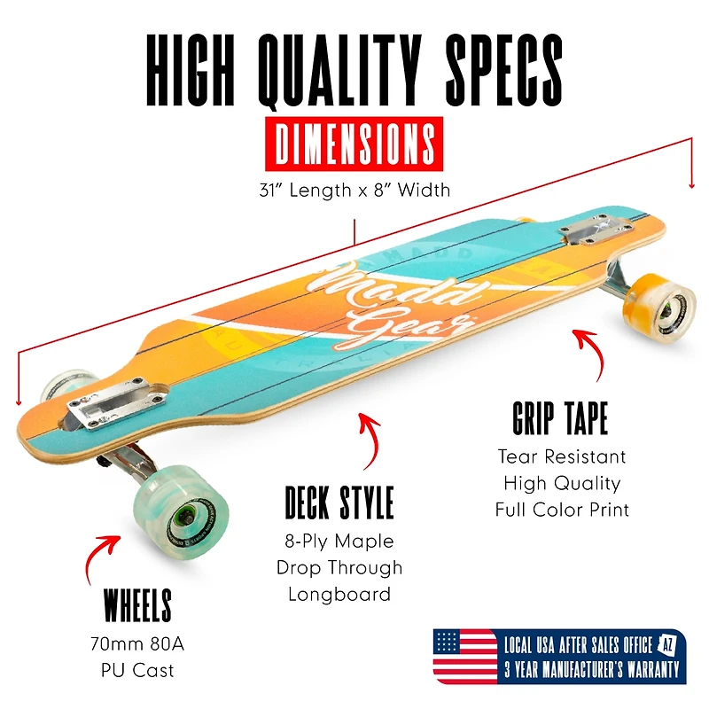 31" x 8" 8-Ply Maple Deck Glide Drop Through Longboard Skateboard for Ages 5+ Max 220 lbs, 70mm Wheels, Abec-7 Bearings
