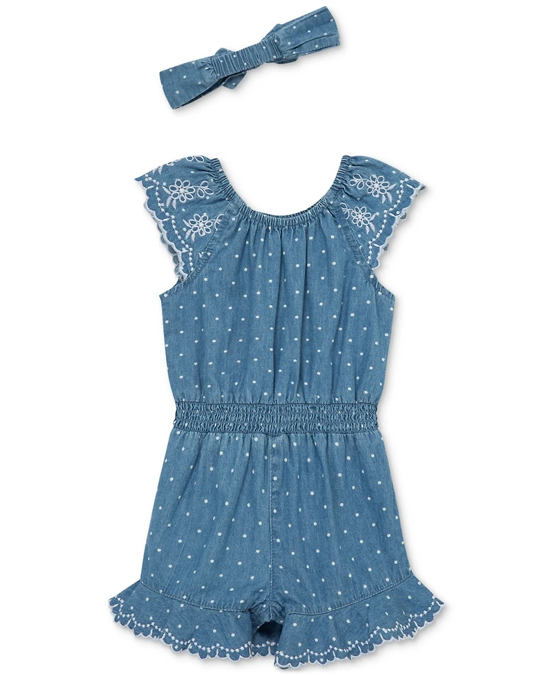 Little Me Baby Girls 2-Pc. Chambray Dot Romper & Headband Set