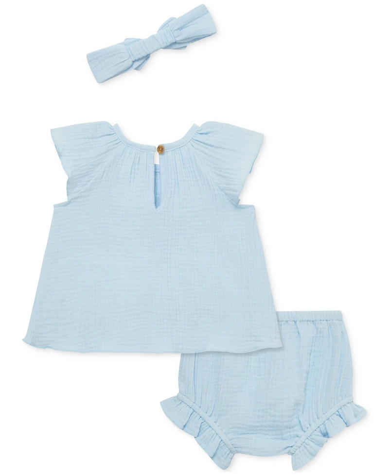 Little Me Baby Girls 3-Pc. Embroidered Floral Gauze Sunsuit & Headband Set