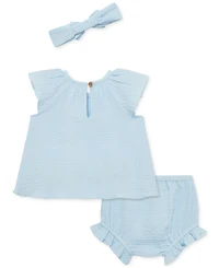 Little Me Baby Girls 3-Pc. Embroidered Floral Gauze Sunsuit & Headband Set