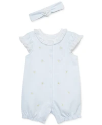 Little Me Baby Girls 2-Pc. Embroidered Cotton Romper & Headband Set