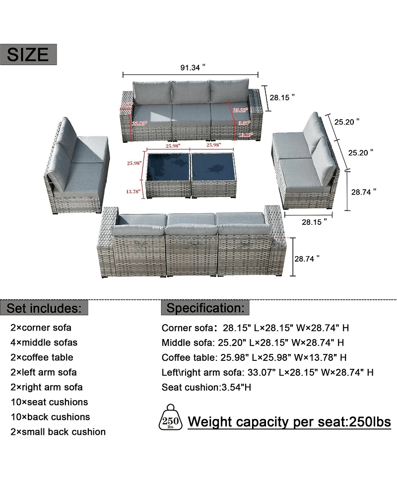 Xizzi Patio Furniture Set,12 Pieces Outdoor Sectional Sofa Couch Set,Patio Conversation Set with Modular Wicker Deep Seat Chairs,Comfy Cushions,Side T