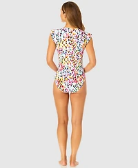 Anne Cole Women's Abstract Dot Flutter-Sleeve Zip-Front One-Piece Swimsuit