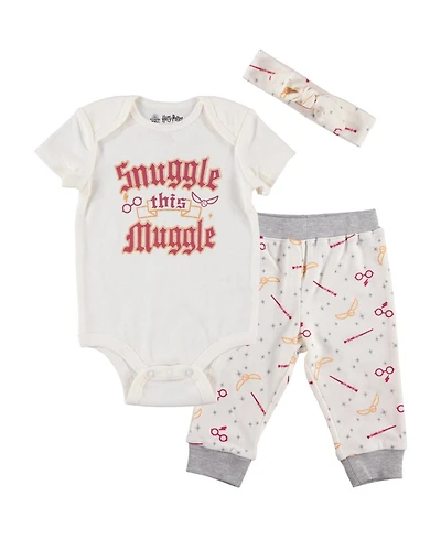 Harry Potter Baby Girls Bodysuit, Pants and Headband 3 Piece Outfit Set