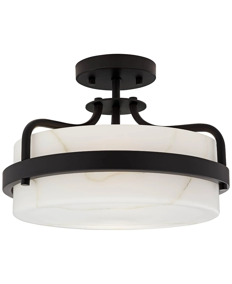 Bregman 13" Modern Semi Flush-Mount Ceiling Light Fixture Kitchen Foyer Hallway Drum Round Black Finish White Stone Glass Metal Bedroom Bathroom