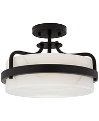 Bregman 13" Modern Semi Flush-Mount Ceiling Light Fixture Kitchen Foyer Hallway Drum Round Black Finish White Stone Glass Metal Bedroom Bathroom