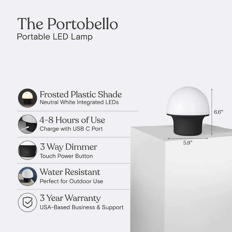 Portobello 6.6' Indoor/Outdoor Usb-c Rechargeable Portable Led Table Lamp with 3-Way Dimmer