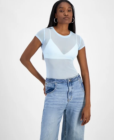 Bar Iii Women's Mesh Cap-Sleeve Semi-Sheer Top, Exclusively at Macy's
